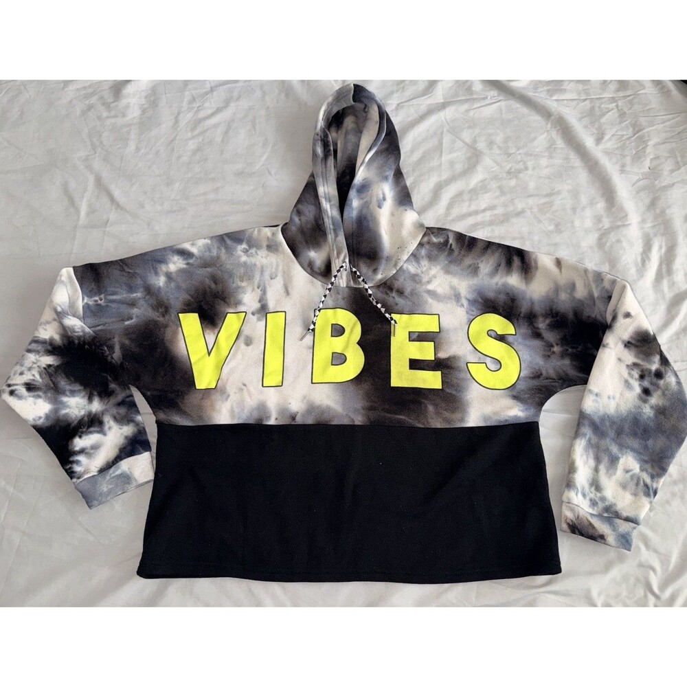 Justify Vibes Logo Tie-Dye Black Gray Fleece Pullover Crop Hoodie Juniors XL/1X
